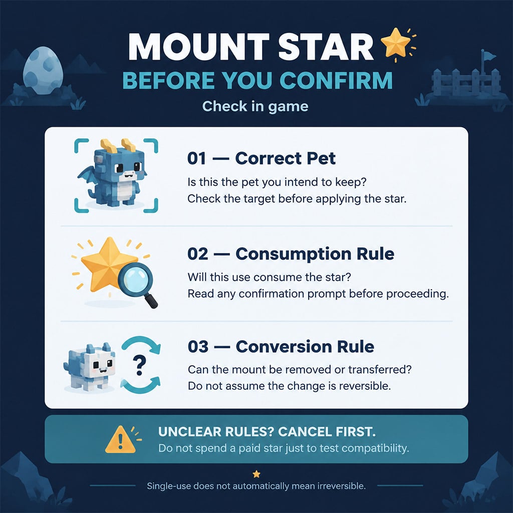 Checklist for pet selection, star consumption, and conversion rules