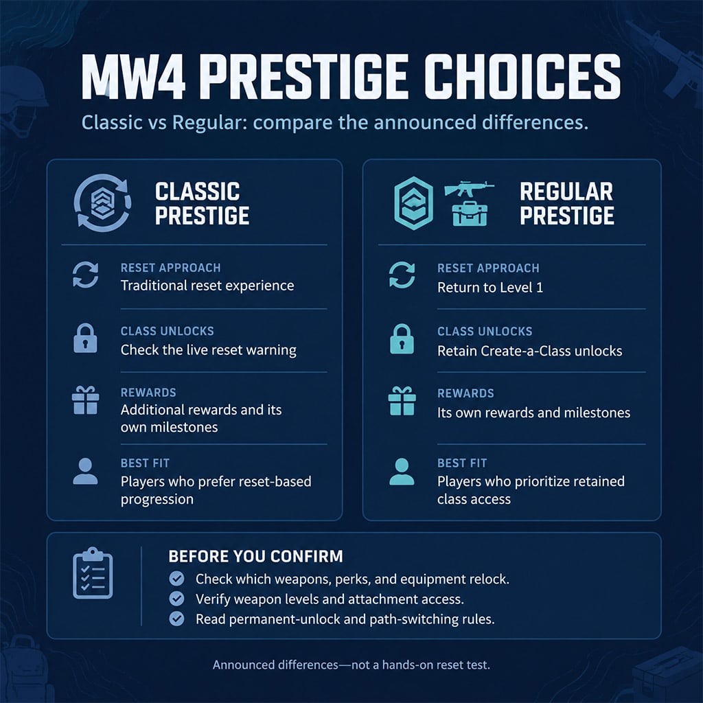 Comparison of Classic Prestige's reset approach and Regular Prestige's retained class unlocks.