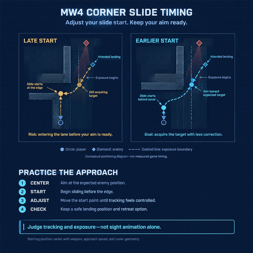 Overhead comparison of late and earlier slides around a corner, showing target visibility and final position.