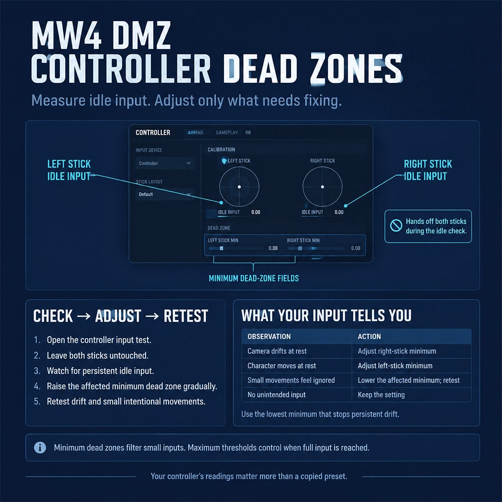 Controller input screen showing idle stick readings before dead-zone adjustment