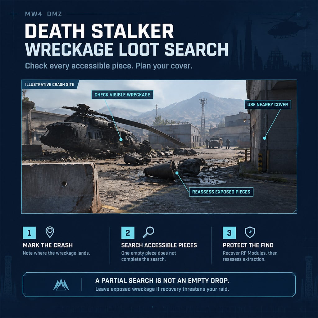 Separate Death Stalker wreckage pieces marked for a complete loot search