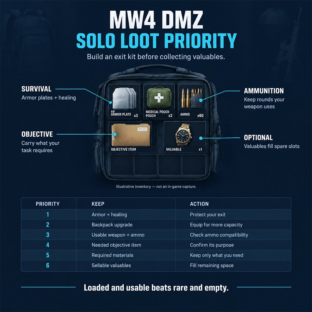 Backpack inventory prioritizing armor plates, healing, usable ammunition, and a needed objective item Backpack inventory prioritizing armor plates, healing, usable ammunition, and a needed objective item