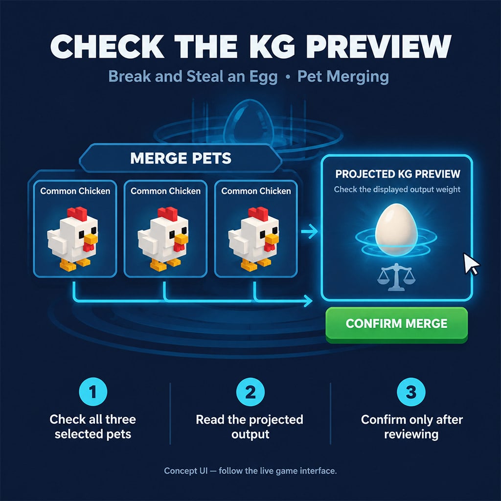 Pet merging interface showing three Common Chickens slotted and the Projected KG Preview calculation