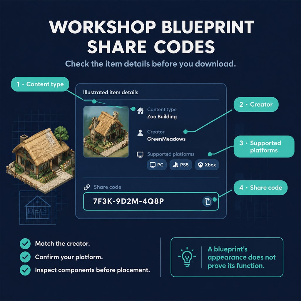 Workshop item page with blueprint type, creator, supported platforms, and share code highlighted