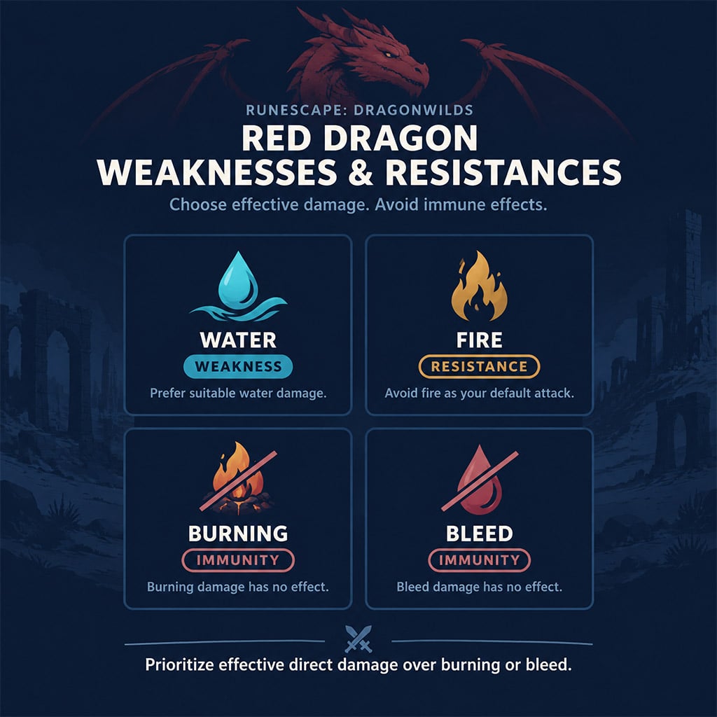 Red Dragon combat reference showing water weakness, fire resistance, and burning and bleed immunity.