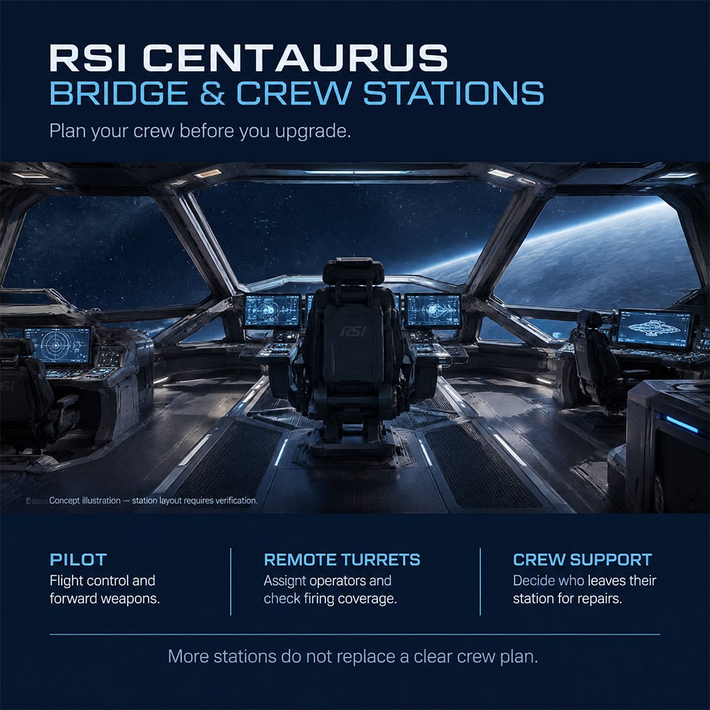 Modernized RSI Constellation Mk V Centaurus bridge showing remote turret operator stations and pilot seat Modernized RSI Constellation Mk V Centaurus bridge showing remote turret operator stations and pilot seat