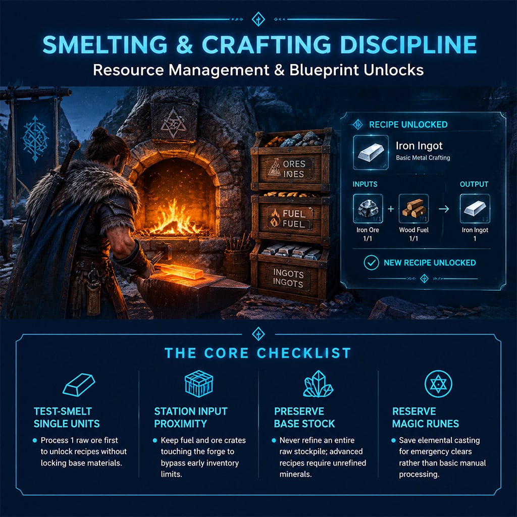 Player character interacting with a crafting bench interface showing recipe requirements