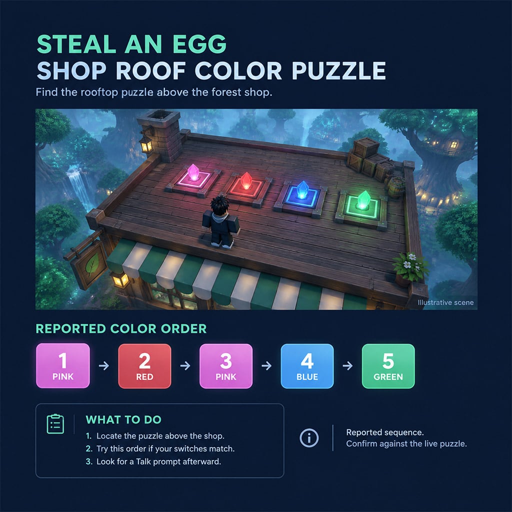 Rooftop puzzle above the Enchanted Forest shop showing colored floor switches