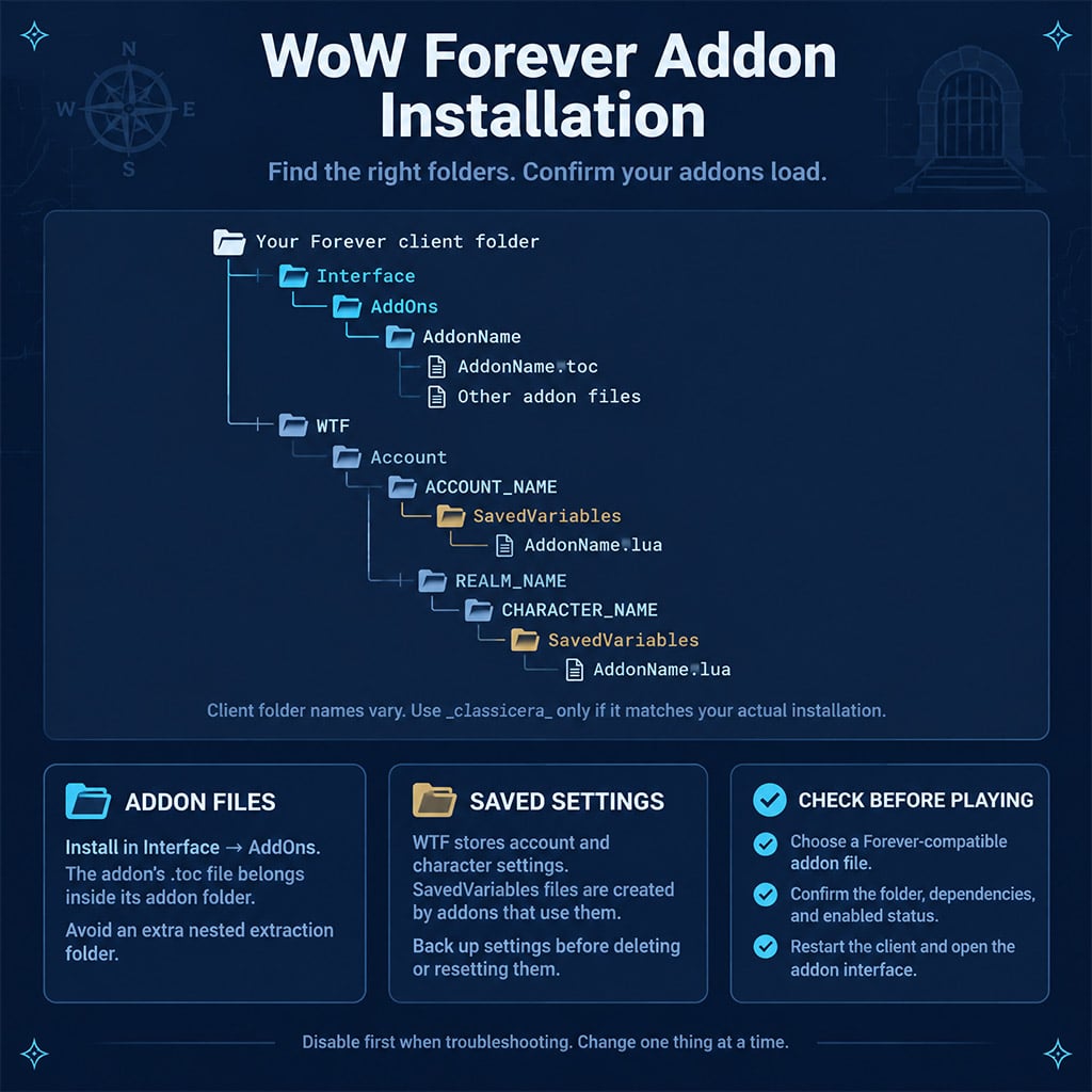 Directory tree diagram showing the exact classicera_ Interface AddOns folder path and WTF SavedVariables location