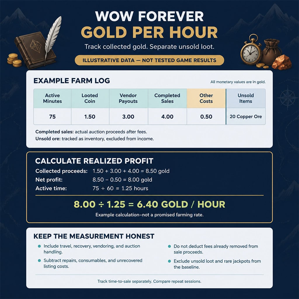 Farm log separating collected gold, unsold loot, costs, and active time Farm log separating collected gold, unsold loot, costs, and active time