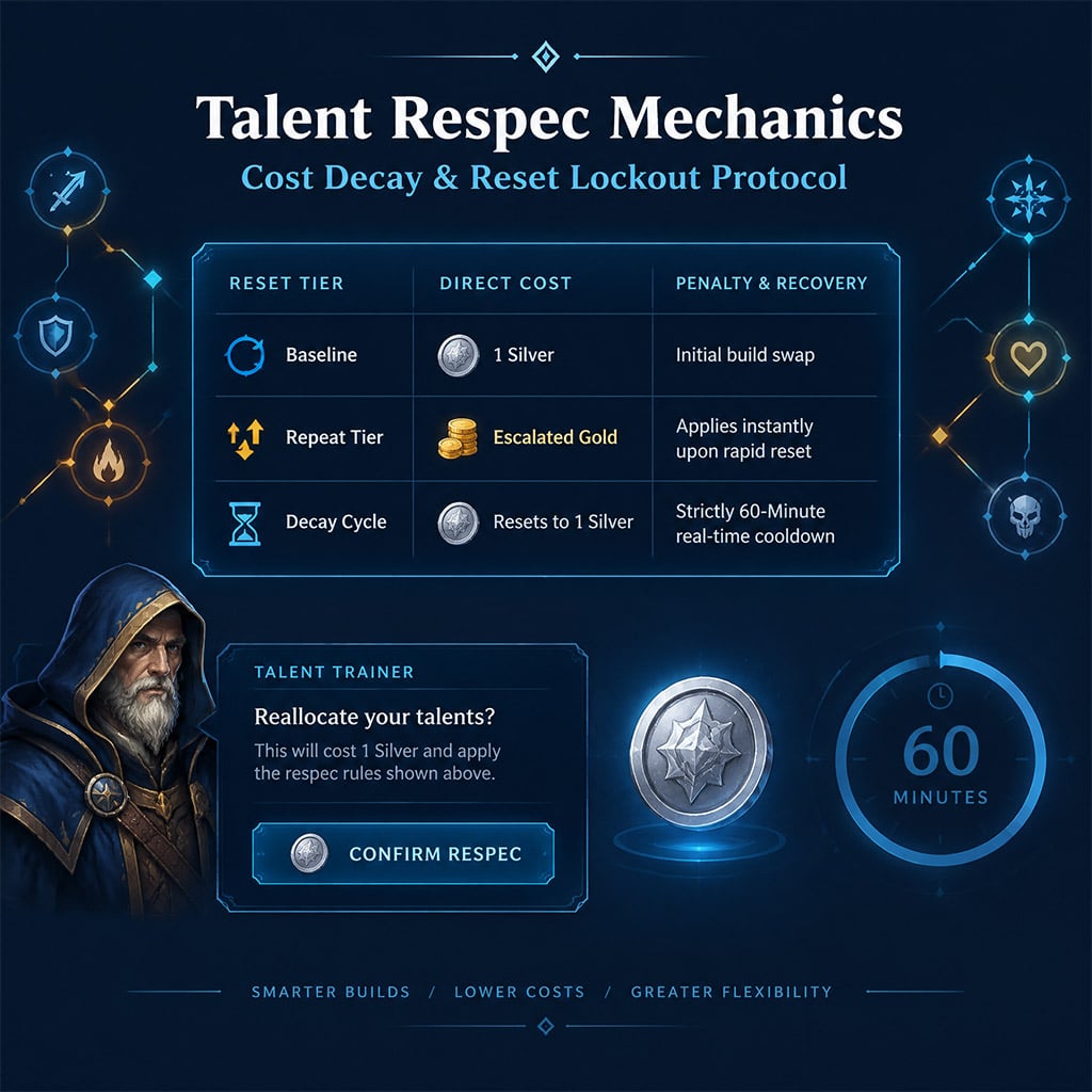 Trainer window displaying the 1 silver talent respec cost in WoW Forever beta