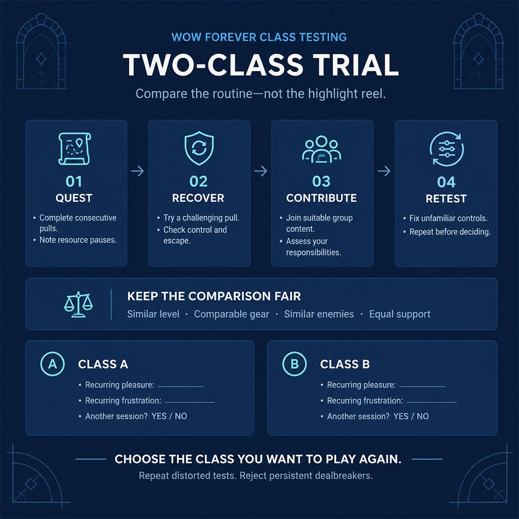 Four-step class trial covering questing, recovery, group play, and retesting