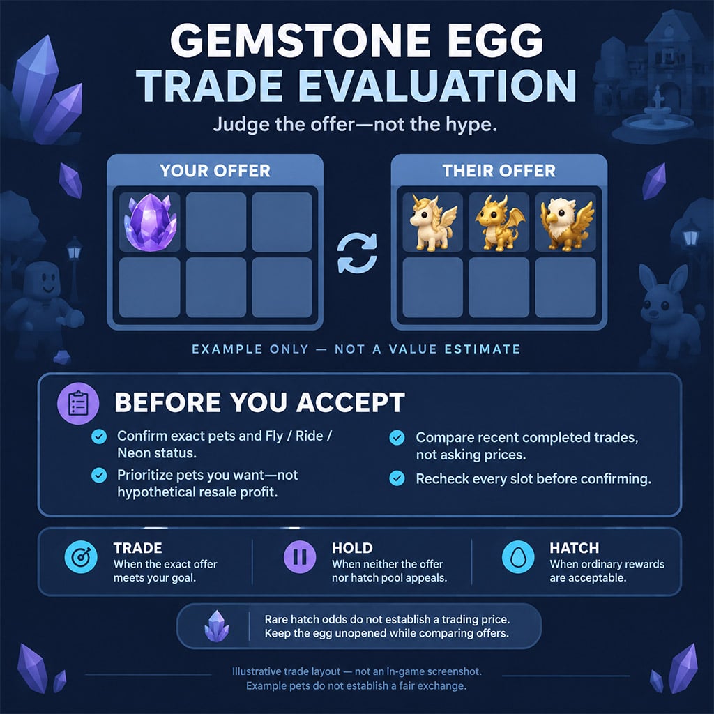 Adopt Me trade window comparing an unopened Gemstone Egg against high-tier Legendary pet offers