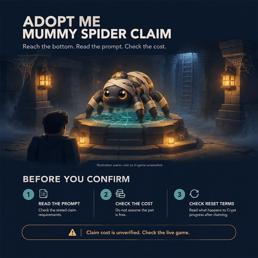 In-game view of the Mummy Spider pet sitting on a glowing stone pedestal in the lowest Crypt room