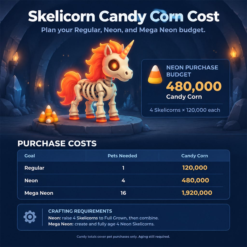 Neon Skelicorn glowing in the Adopt Me inventory alongside Candy Corn currency counter Neon Skelicorn glowing in the Adopt Me inventory alongside Candy Corn currency counter