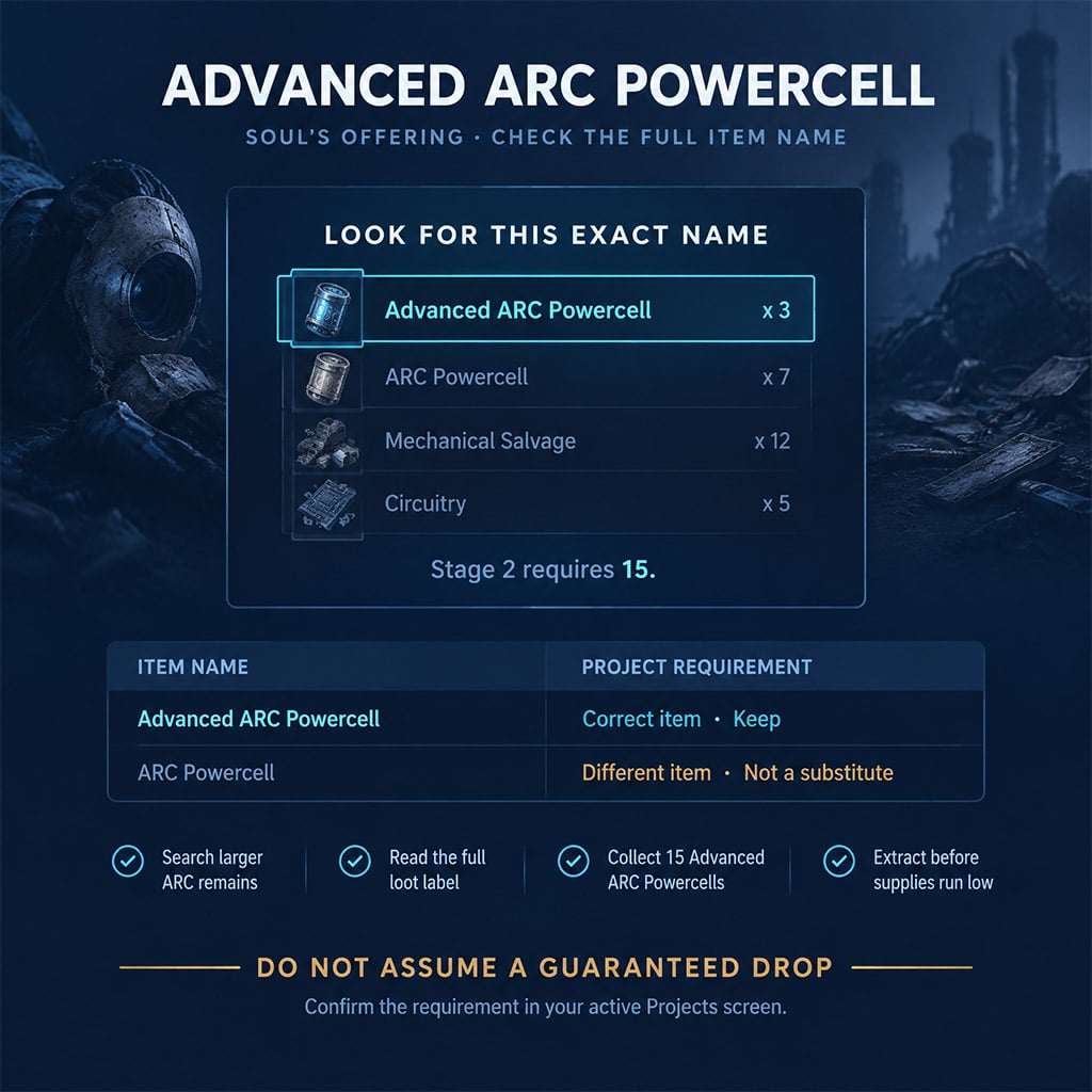 ARC loot window highlighting Advanced ARC Powercell rather than the standard powercell ARC loot window highlighting Advanced ARC Powercell rather than the standard powercell