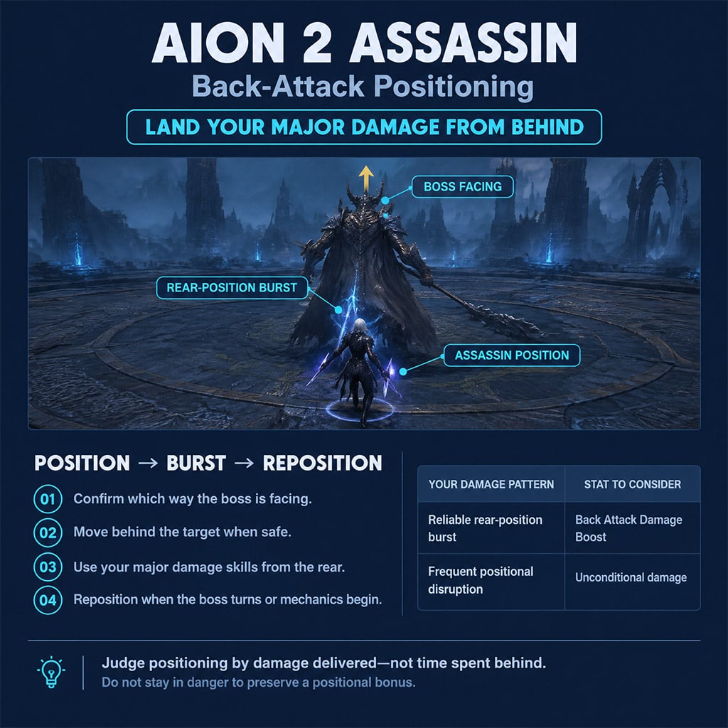 Assassin positioned behind a boss during a major damage window