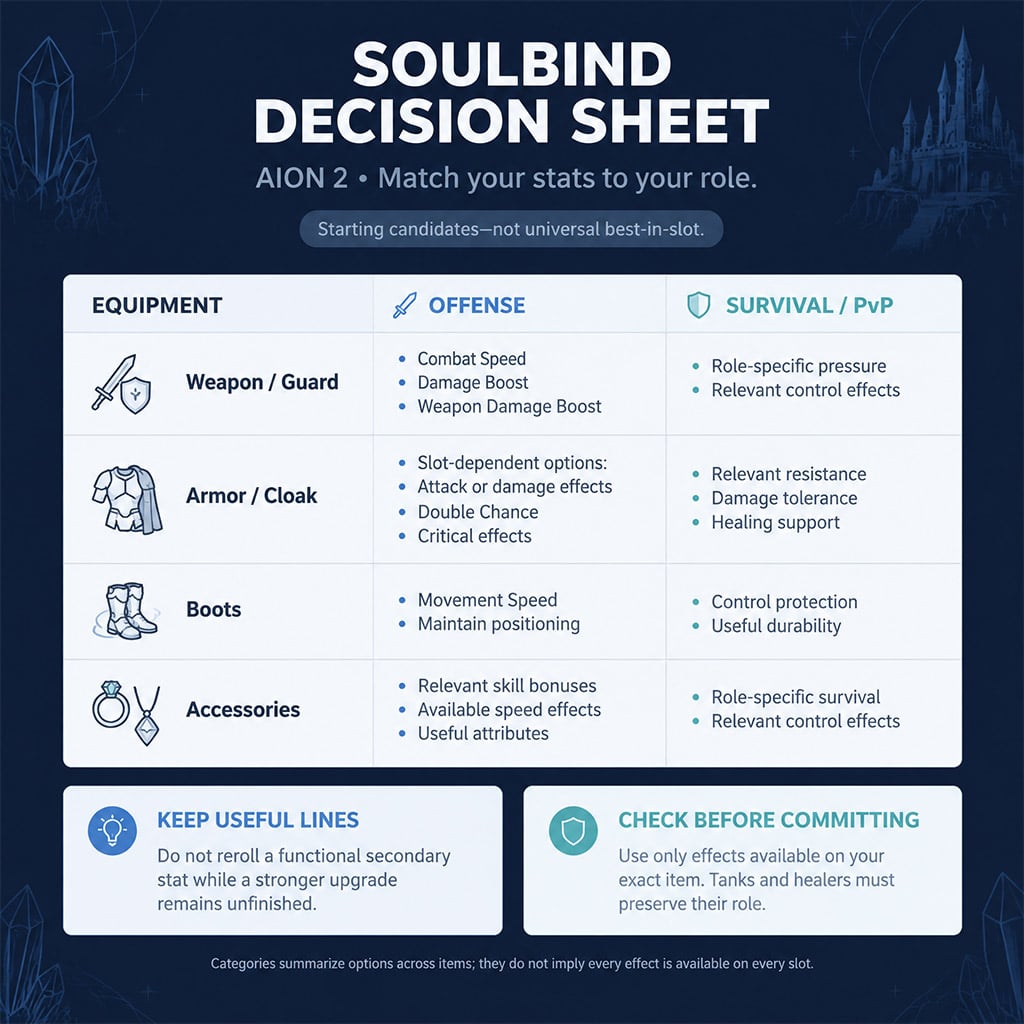 Equipment groups with offensive and defensive soulbind decision categories
