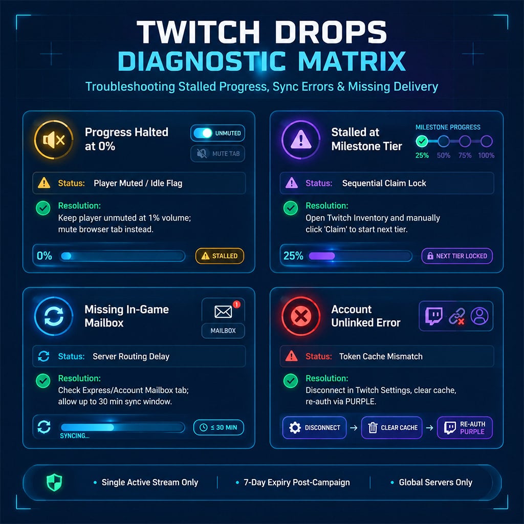 Troubleshooting diagnostic flowchart for missing or stalled Aion 2 Twitch Drops