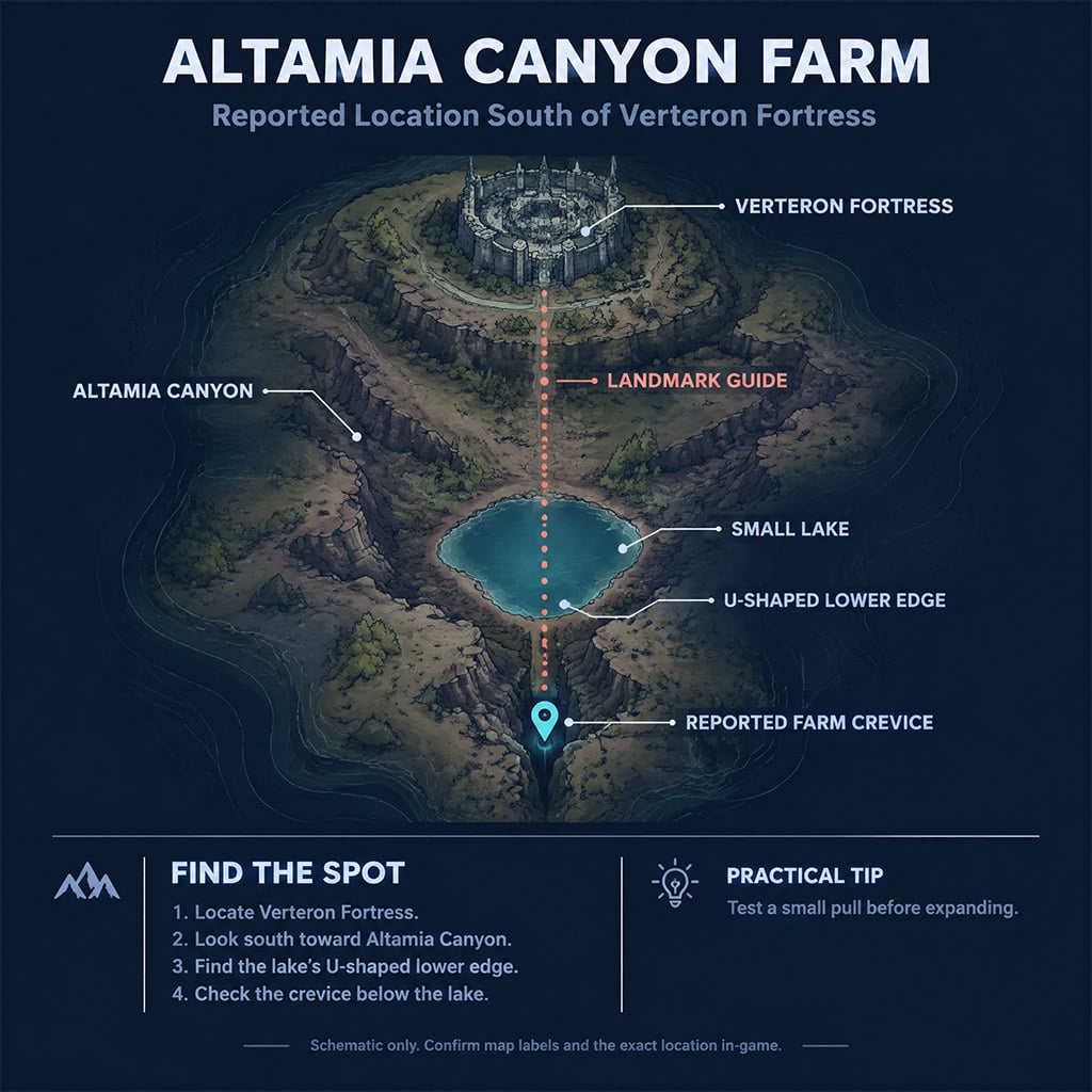 Map route from Verteron Fortress south to the U-shaped lake crevice in Altamia Canyon