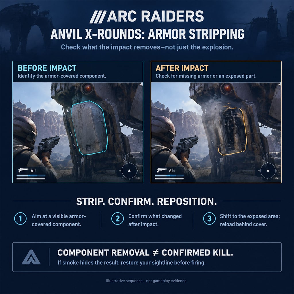Compare an ARC component before and after an X-Rounds impact to identify armor removal.