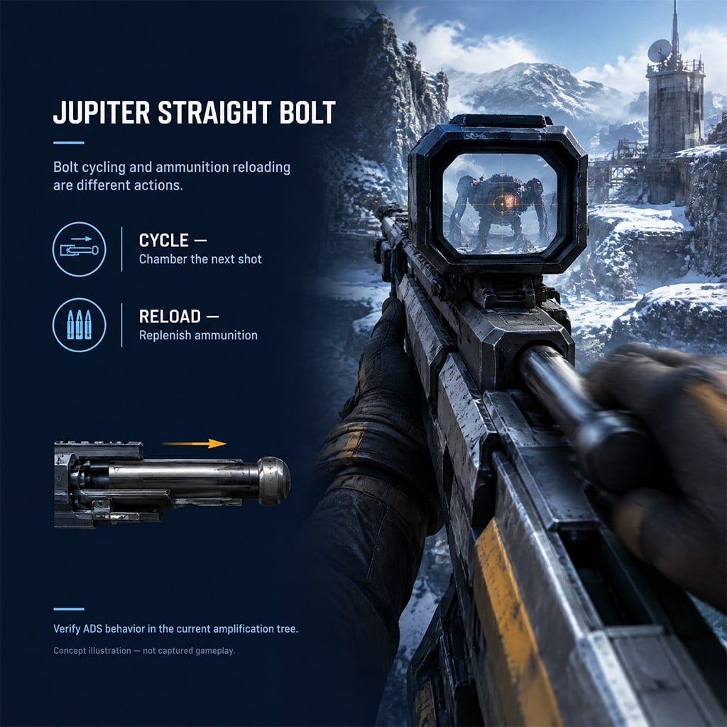 First-person view of a Raider cycling the amplified Jupiter ergonomic bolt while maintaining scope alignment