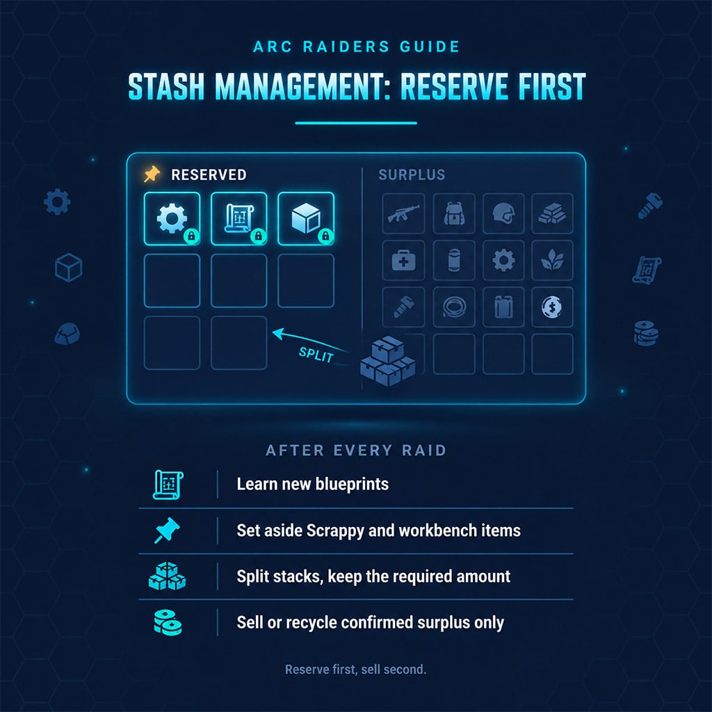 Stash screen with required upgrade items split from sellable surplus
