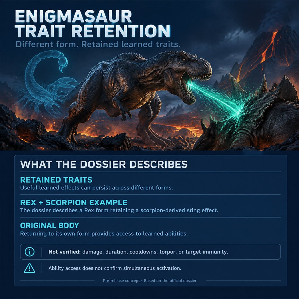 Enigmasaur in Rex form applying a venomous tail sting effect to an enemy target Enigmasaur in Rex form applying a venomous tail sting effect to an enemy target