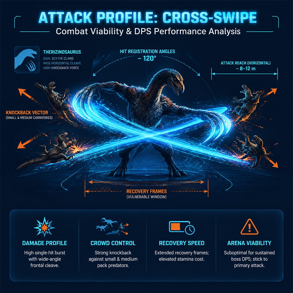 Therizinosaurus executing the wide cross-swipe attack against a pack of small carnivores in ARK
