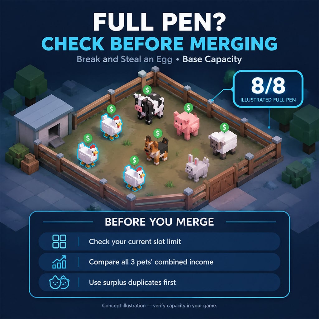 Base pen full at 8 out of 8 animal slots generating cash per second