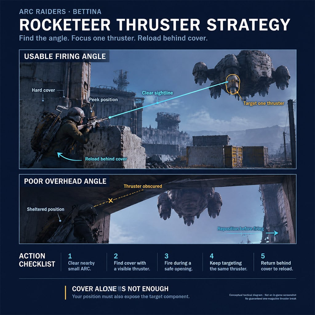 Diagram showing a covered firing angle toward one Rocketeer thruster