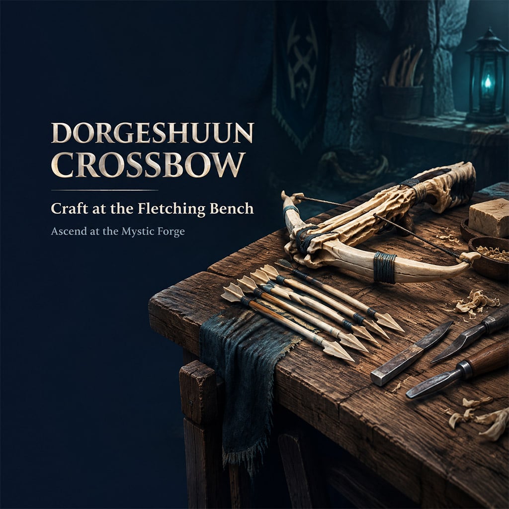 Fletching bench interface displaying Dorgeshuun Crossbow crafting components and ascension core requirements. Fletching bench interface displaying Dorgeshuun Crossbow crafting components and ascension core requirements.