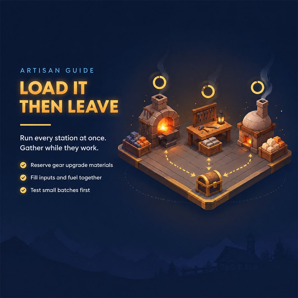 Row of loaded crafting stations processing materials in a base