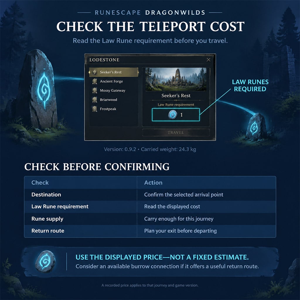 Lodestone destination screen displaying the Law Rune requirement for a selected journey