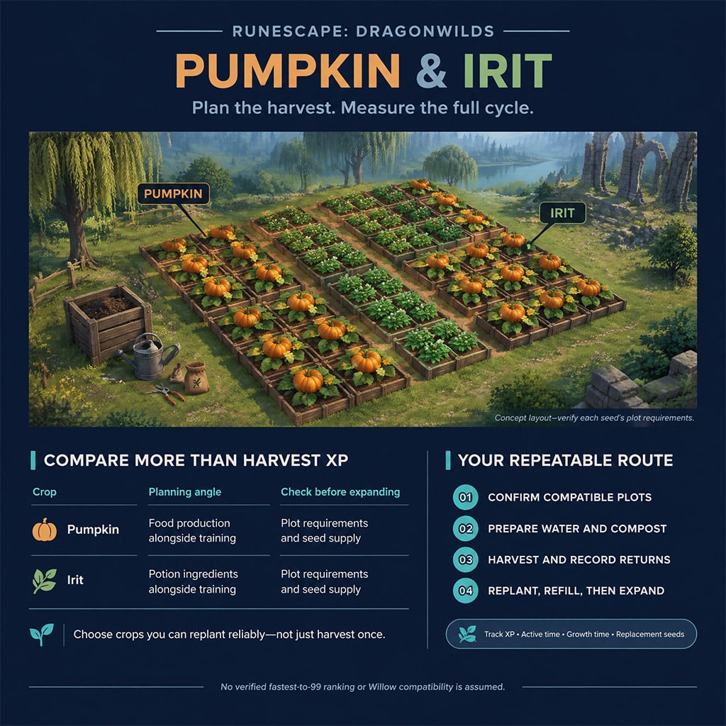 Mature Pumpkin and Irit crops ready for harvest in a 10x10 Willow plot in RuneScape Dragonwilds