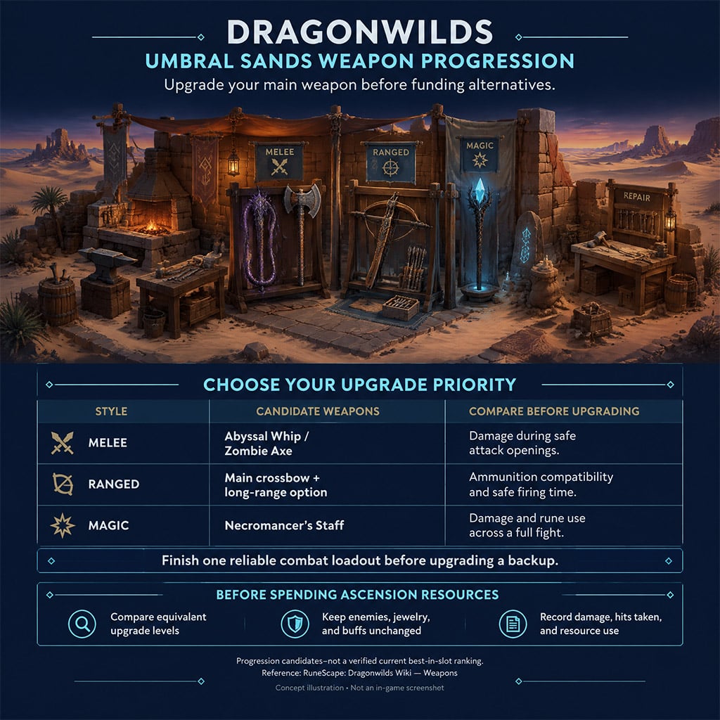 Weapon crafting and repair benches showing melee, ranged, and magic progression options in Dragonwilds