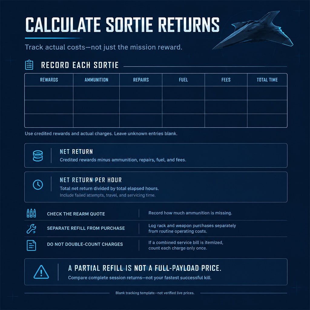 Sortie ledger separating credited rewards, ammunition, repairs, fuel, fees, and elapsed time