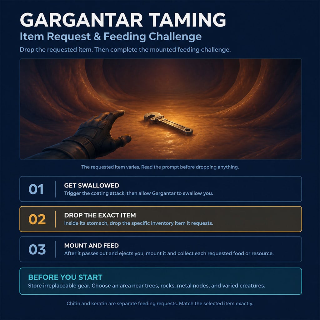 Player dropping a requested item inside Gargantar during taming in ARK