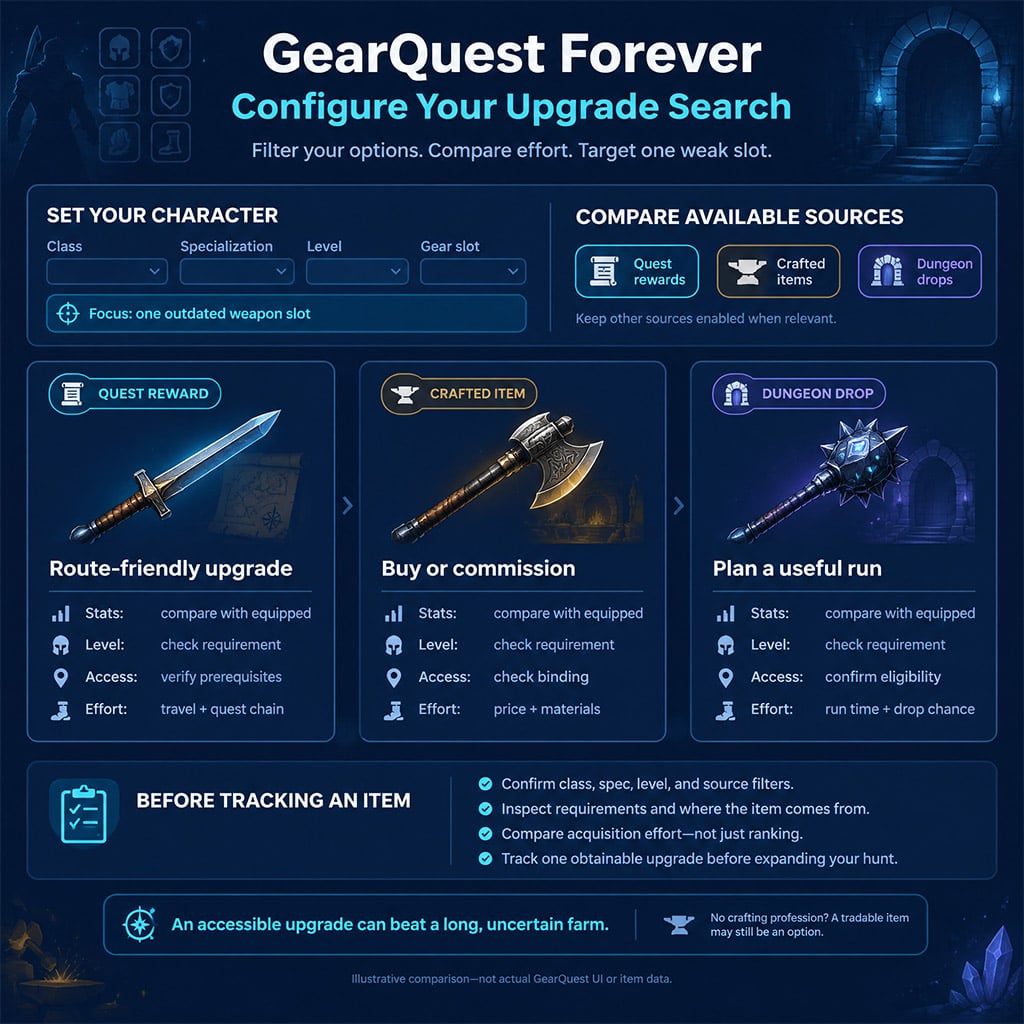 In-game comparison panel filtering leveling gear upgrades by quest rewards, crafted items, and dungeon drops