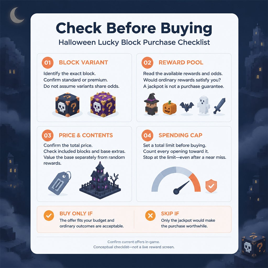 Purchase checklist covering block variant, reward pool, price, and spending cap Purchase checklist covering block variant, reward pool, price, and spending cap