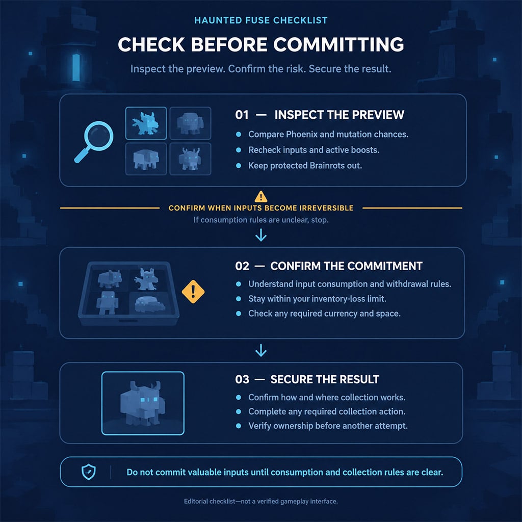 Three-stage checklist covering preview, commitment, and result collection