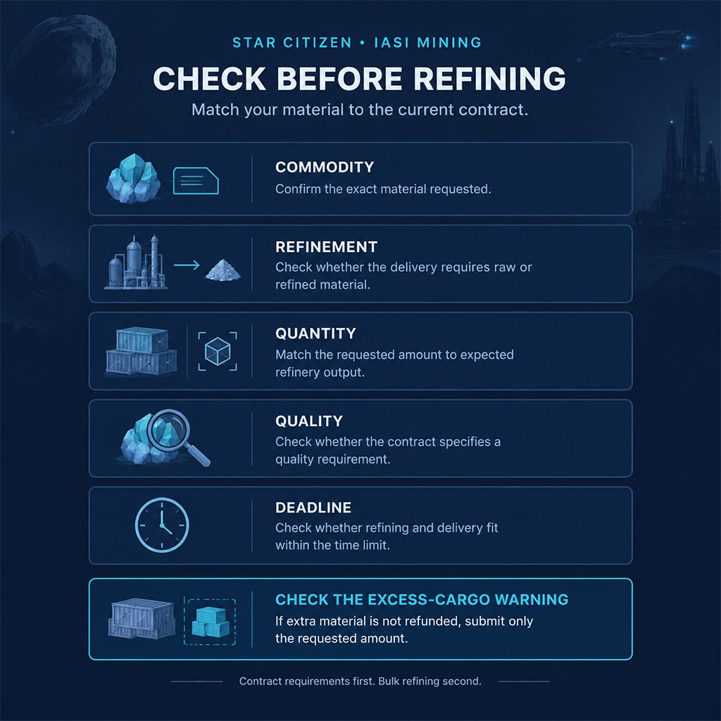 Checklist for commodity, refinement, quantity, quality, and deadline