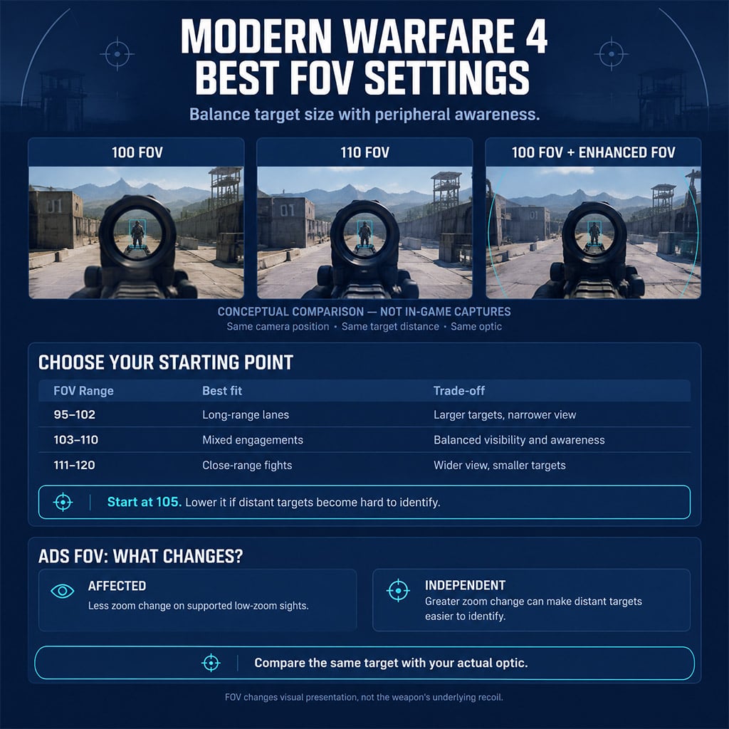 Same distant target at 100 and 110 FOV with an additional PC Enhanced FOV comparison