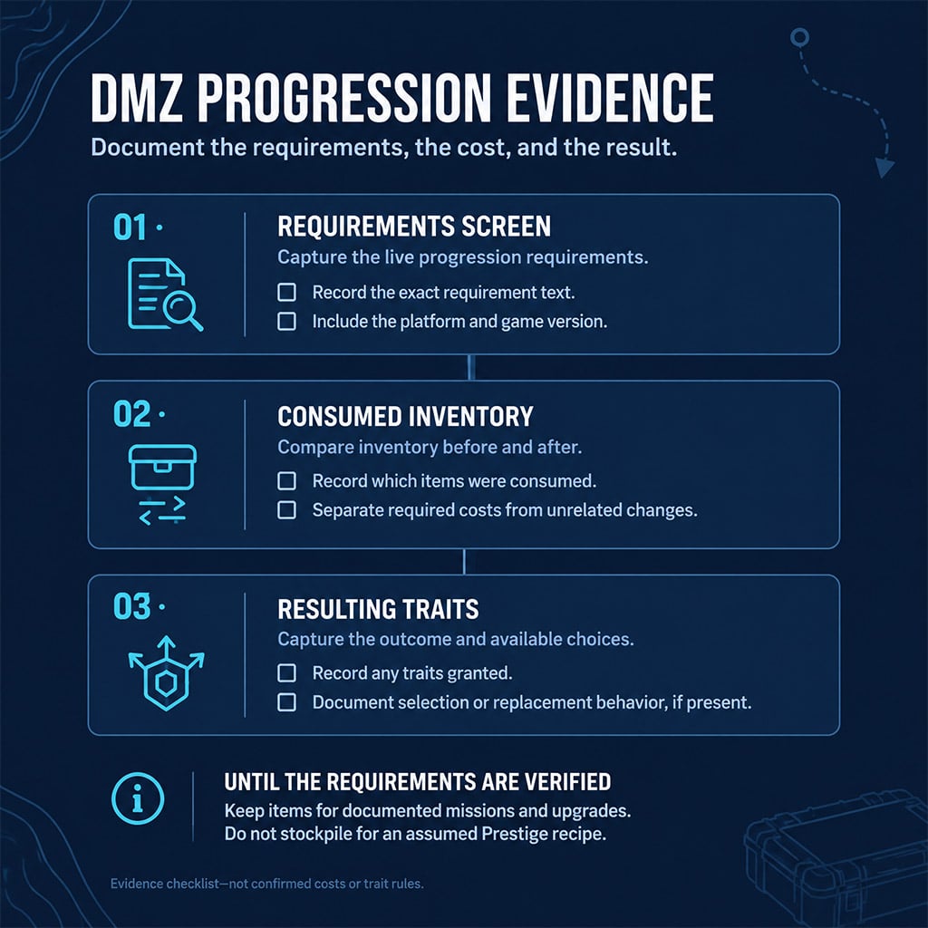 Evidence checklist covering DMZ requirements, consumed items, and resulting traits.