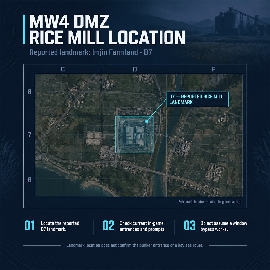 Hajin map showing the reported Rice Mill landmark at D7 Hajin map showing the reported Rice Mill landmark at D7