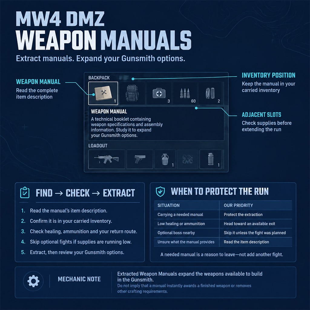 Weapon Manual item description and inventory position before extraction