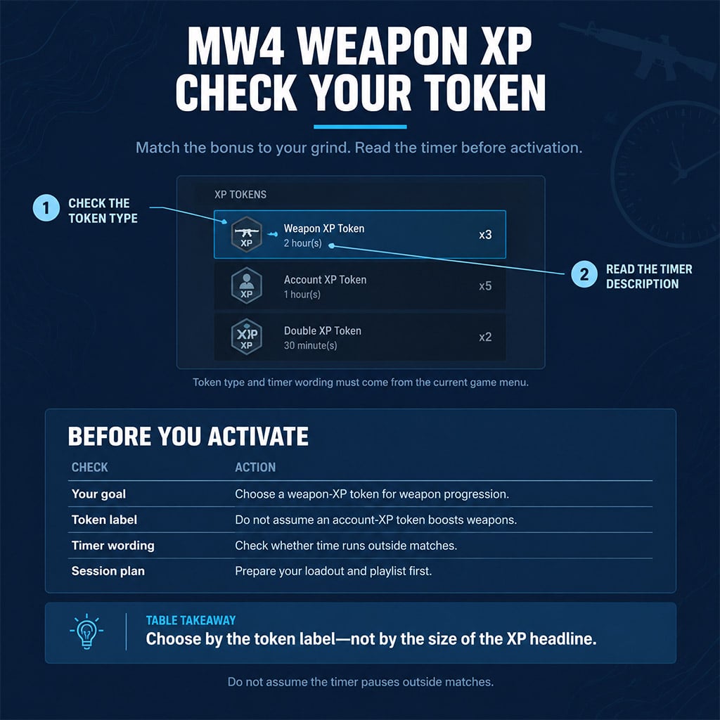 Token menu showing the Double Weapon XP label and current timer description Token menu showing the Double Weapon XP label and current timer description