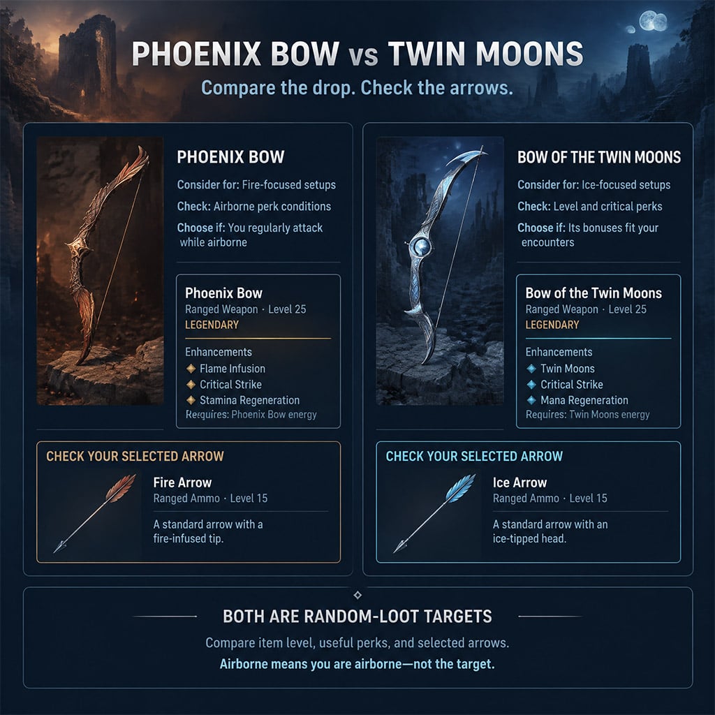 Phoenix Bow and Bow of the Twin Moons tooltips showing level and enhancements. Phoenix Bow and Bow of the Twin Moons tooltips showing level and enhancements.