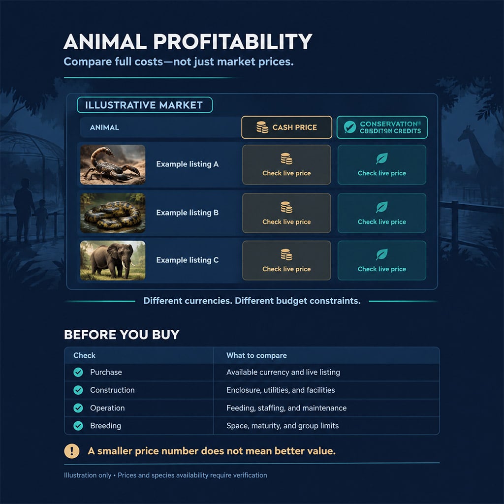 Animal market screen comparing cash price versus conservation credits in Planet Zoo 2 Animal market screen comparing cash price versus conservation credits in Planet Zoo 2