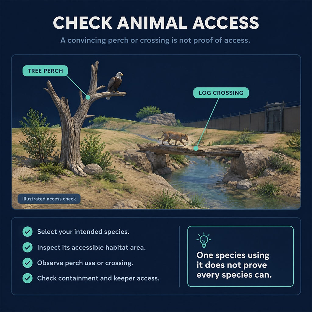 Habitat access view showing whether the selected animal can reach a tree perch or log crossing